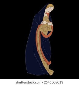 Holy Virgin Mary. Christian saint lady. Pious medieval woman. On black background.