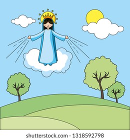 Holy virgin mary on landscape cartoon vector digital illustration image