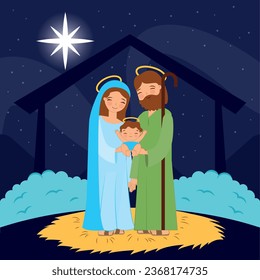 holy virgin mary and saint joseph holding of baby jesus into arms between dark night and belen star. vector illustration
