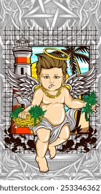 Ilustración vectorial de cupido de hierba santa para la camiseta
