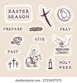 Holy week 2026 Easter Icon picture set with Jesus  , ash cross washing feet and hand written text. Isolated flat vector for christian holiday of lent and eastertide symbol collection
