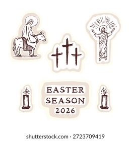 Semana Santa 2026 Icono de Pascua establece la temporada de Pascua texto escrito a mano. Vector plano aislado para el miércoles de ceniza de la fiesta cristiana, Jueves Santo, Domingo de Ramos. Jesús, burro, motivo de gloria
