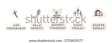 Holy week 2026 Easter Icon picture set with Jesus , ash cross washing feet and hand written text. Isolated flat vector for christian holiday of ash wendesday, maundy thursday, pam sunday collection
