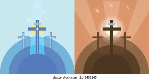 Holy Week. Ascension day. Illustrations of three crosses on a hill. A Christian holiday commemorating the crucifixion of Jesus and his death at Calvary. For Social media, card, template. Vector.