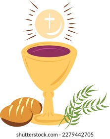 Holy Week. Christian Easter icon symbols. palm branch, cross of Jesus Christ, crown of thorns, bowl and bread, crucified palms. 
