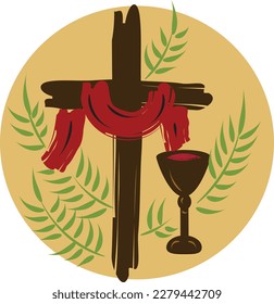 Holy Week. Christian Easter icon symbols. palm branch, cross of Jesus Christ, crown of thorns, bowl and bread, crucified palms. 
