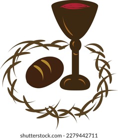 Holy Week. Christian Easter icon symbols. palm branch, cross of Jesus Christ, crown of thorns, bowl and bread, crucified palms. 
