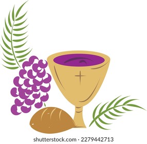 Semana Santa. Símbolos de Pascua Cristiana. rama de palma, cruz de Jesucristo, corona de espinas, tazón y pan, palmas crucificadas. 
