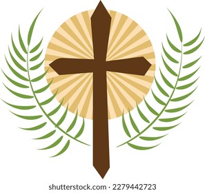Holy Week. Christian Easter icon symbols. palm branch, cross of Jesus Christ, crown of thorns, bowl and bread, crucified palms. 
