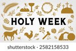 Holy week, Easter Sunday greeting card with holiday symbols pattern. Vector concept with golden icons Palm Sunday, donkey, chalice with wine and bread, cock, hammer and nails, crown of thorns, Calvary