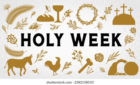 Holy week, Easter Sunday greeting card with holiday symbols pattern. Vector concept with golden icons Palm Sunday, donkey, chalice with wine and bread, cock, hammer and nails, crown of thorns, Calvary