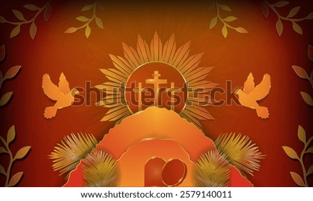 Holy Week and Easter Sunday Illustration in metallic red and gold. The crucifixion of Jesus with monstrance ray decoration, the empty tomb framed by palm branches, holy spirit icons. Vector.