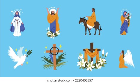 Holy week and easter theme flat compositions set of christ on donkey cross crown of thorns angel vector illustration