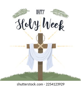 Holy Week. The glorious cross with white cloth and crown of thorns