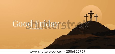 Holy week Good Friday Banner. It is finished. Jesus crucified on the cross at Golgotha , sunset background. Holy Week religious concept design. Vector Illustration.
