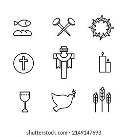 Holy Week icon set. Black outline. Vector illustration, flat design