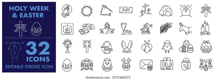 Holy Week Icons and Happy Easter Icons, Palm Sunday, Jesus, Holy, Catholic, Good Friday, Lent, Concept, Easter bunny and Easter egg Cute bunnies Editable stroke icon set