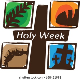 Holy week, Palm Leaf, Bread, Thorn crown and 3 crosses. Color vector illustration. 