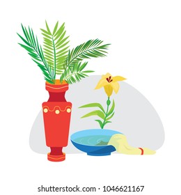 Holy week and palm Sunday background, green branch in vase and flowers vector illustration