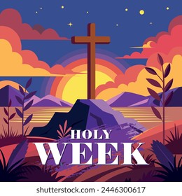 Holy week vectror illustration, good friday cross in a rock with sunset