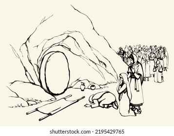 Holy white lord savior gospel saint jew sad weep girl lady come garden hill scene. Hand drawn sketch line retro antique art wail hebrew human life male group coffin lament old vintage story