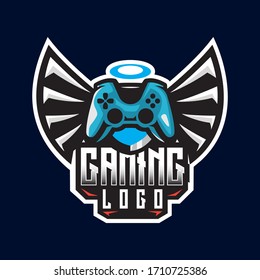 Holy wings with game controller esport vector logo design template