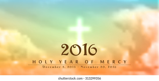 Holy Year of Mercy, December 8, 2015 - November 20, 2016, text on blurred clouds with white cross, christian motive, vector illustration, eps 10 with transparency and gradient mesh