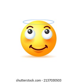 Holy yellow emoji with halo over head isolated on white background. Vector 3d illustration.