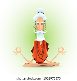 Holy yogi in deep concentration. Meditating ascetic. Cartoon vector illustration