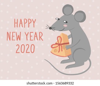 Holyday card for Happy new year with rat, mice with cheese present. Lunar horoscope sign mouse. Chinese new year 2020. Cute character mouse in cartoon style.