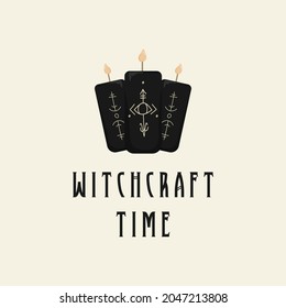 Holyday hallowee template of mystic illustration with hand drawn magic symbol and black candels and quote witchcraft time.