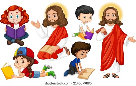Holyman and many kids reading books illustration