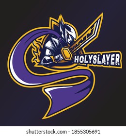 Logo de HolySlayer Esports. Logo del guerrero. Logo del equipo de deportación. Logotipo de juego más fácil. Ilustrador de la Casa Creadora de Juegos.  Humano Con Gran Espada Emblema.