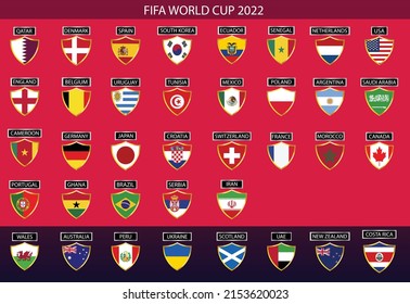 HOMAGAMA, SRI LANKA - MAY 07, 2022: FIFA world cup Qatar 2022. Qualified countries shield flags vector design with country names. Vector Illustration. eps 10