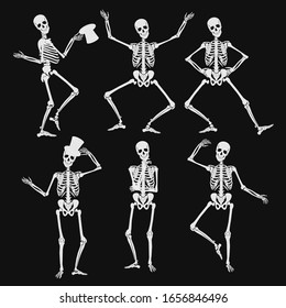 Homan skeletons silhouettes in different poses isolated on black vector illustration