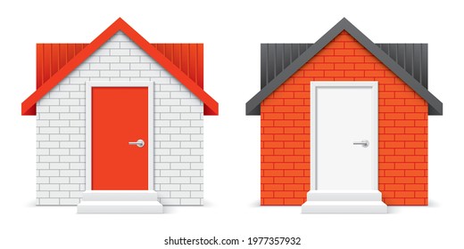 Home 3D icon isolated on background. White and orange color brick house vector illustration. 