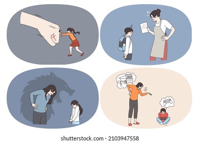Home abuse and harassment concept. Set of afraid scared children kids feeling stressed of parents fight and punishment trying to reject power and pressure at home vector illustration 