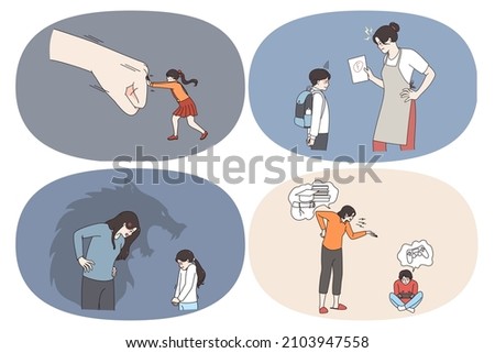Home abuse and harassment concept. Set of afraid scared children kids feeling stressed of parents fight and punishment trying to reject power and pressure at home vector illustration 