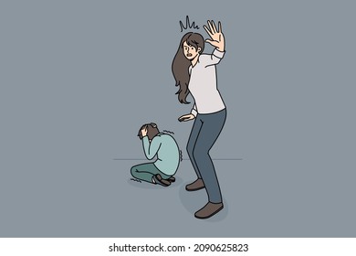 Home abuse and harassment concept. Stressed afraid terrified woman mother standing and asking stop violence with sitting and covering ears kid on floor vector illustration 