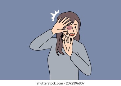 Home abuse and harassment concept. Young afraid scared terrified woman standing covering face with bruise with hands ready for next push vector illustration 