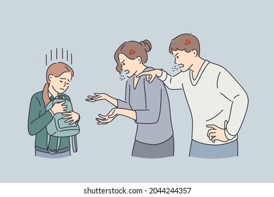 Home Abuse And Scandal Concept. Furious Angry Parents Mom And Dad Shouting Screaming At Their Sad Daughter Holding Backpack Vector Illustration 