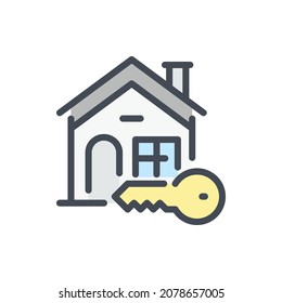 Home access color line icon. House building with key vector outline colorful sign.