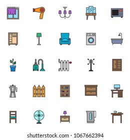 Home accessories filled outline icons set, line vector symbol collection, linear colorful pictogram pack. Signs, logo illustration, Set includes icons as window curtain, hair dryer, chandeliers lights