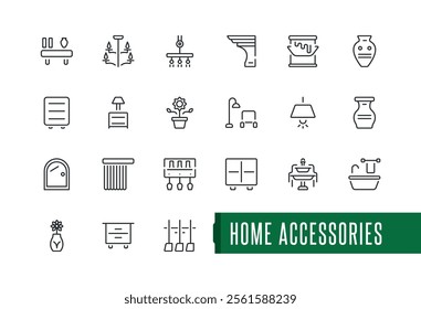 Home Accessories icon set. Containing door, improvement, decor, plant, bedroom, kitchen and more. Collection for mobile and web apps. Editable stroke. Vector illustration.