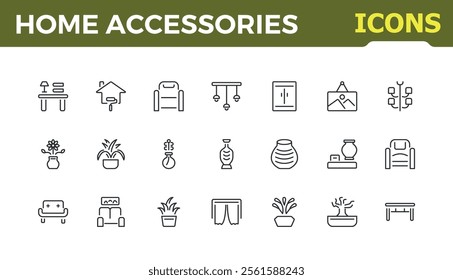 Home Accessories icon set. Containing door, improvement, decor, plant, bedroom, kitchen and more. Collection for mobile and web apps. Editable stroke. Vector illustration.