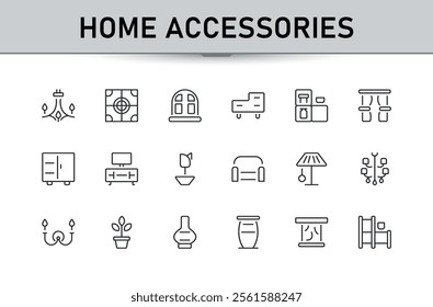 Home Accessories icon set. Containing door, improvement, decor, plant, bedroom, kitchen and more. Collection for mobile and web apps. Editable stroke. Vector illustration.