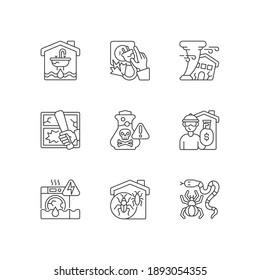 Home accidents prevention linear icons set. Water damage. Electric shock. Hurricane. Chemical poisoning. Customizable thin line contour symbols. Isolated vector outline illustrations. Editable stroke