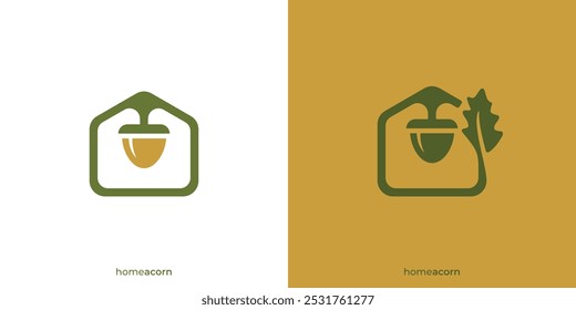 Home Acorn Logo. Home, House and Acorn with Minimalist Style. Oak Home Logo, Icon, Symbol, Vector, Design Inspiration.