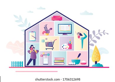 Home activities, entertainments and works. Family at home. House silhouette with rooms, people and household items. Self isolation or quarantine. Trendy style vector illustration