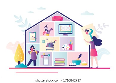 Home activities, entertainments and works. Family at home. House silhouette with rooms, people and household items. Self isolation or quarantine. Trendy style vector illustration